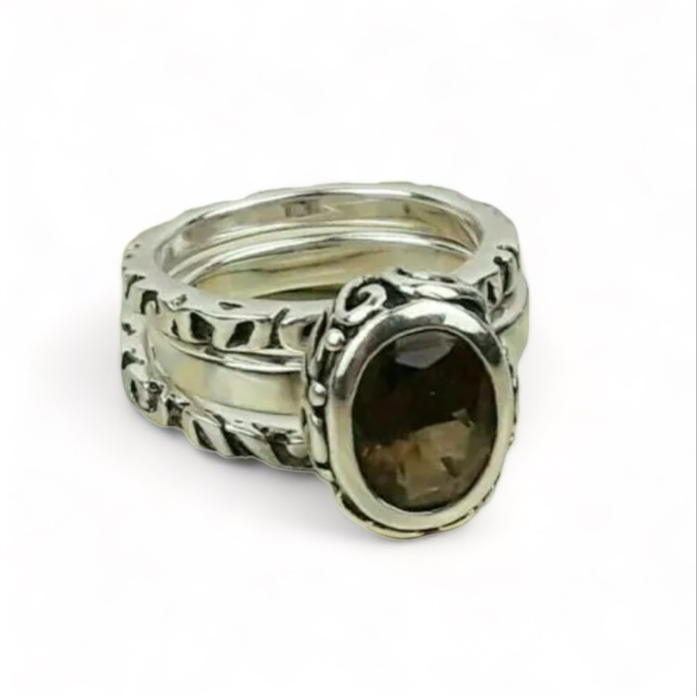 Silpada Retired Sterling Silver Smoky Quartz Ring 3 piece stackable ring set.